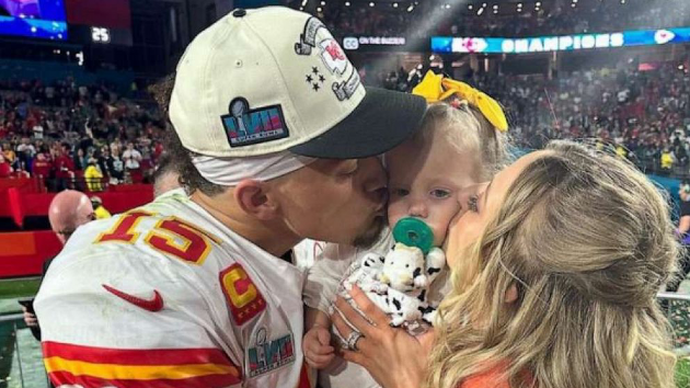 Patrick Mahomes celebrates sweet on-field moment after Super Bowl win with wife, daughter